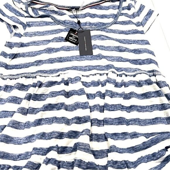 TOMMY HILFIGER Cap Sleeve Dress Cover-Up Swimsuit-Gray Blue Stripe Wide Burnout - Picture 3 of 4